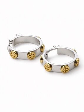Tory Burch SMALL ICON HOOP EARRINGS in two tone